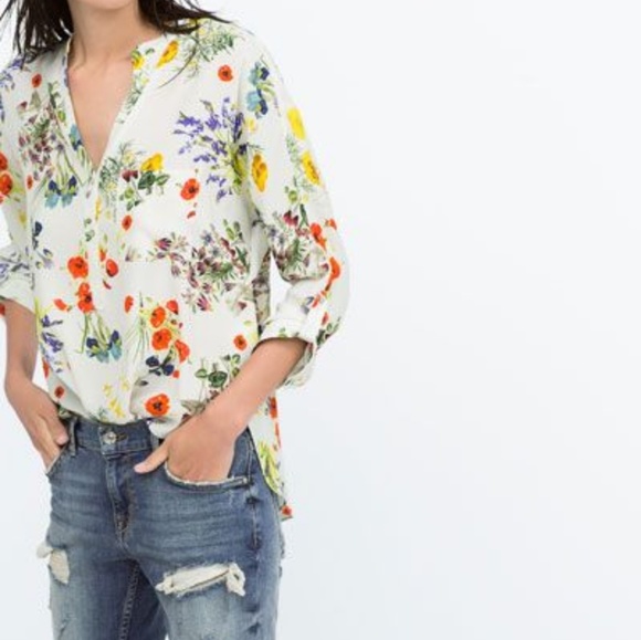 Mandarin collar printed top with uneven hem - Picture 3 of 6